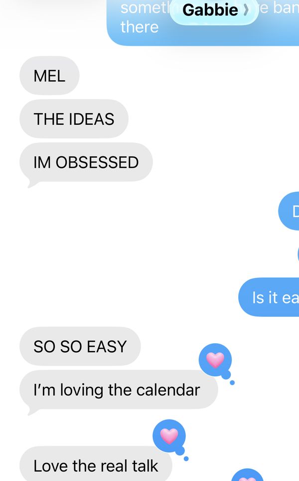 Text messages from client Gabbie: 'Mel, the ideas, I'm obsessed. So so easy. I'm loving the calendar. Love the Monday reset. Mel I'm so grateful for you.'